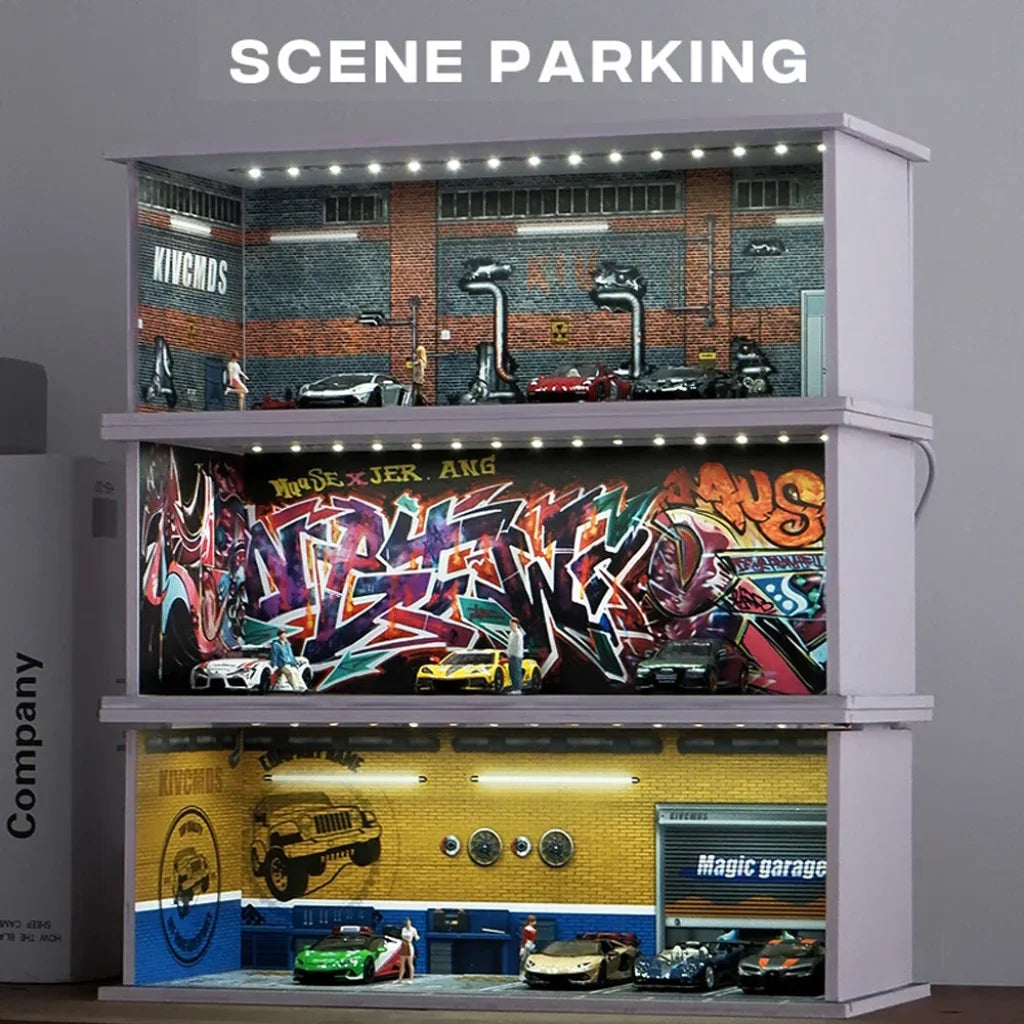 1:64 Led Lighting Car Parking Lot Backdrop Display Scene