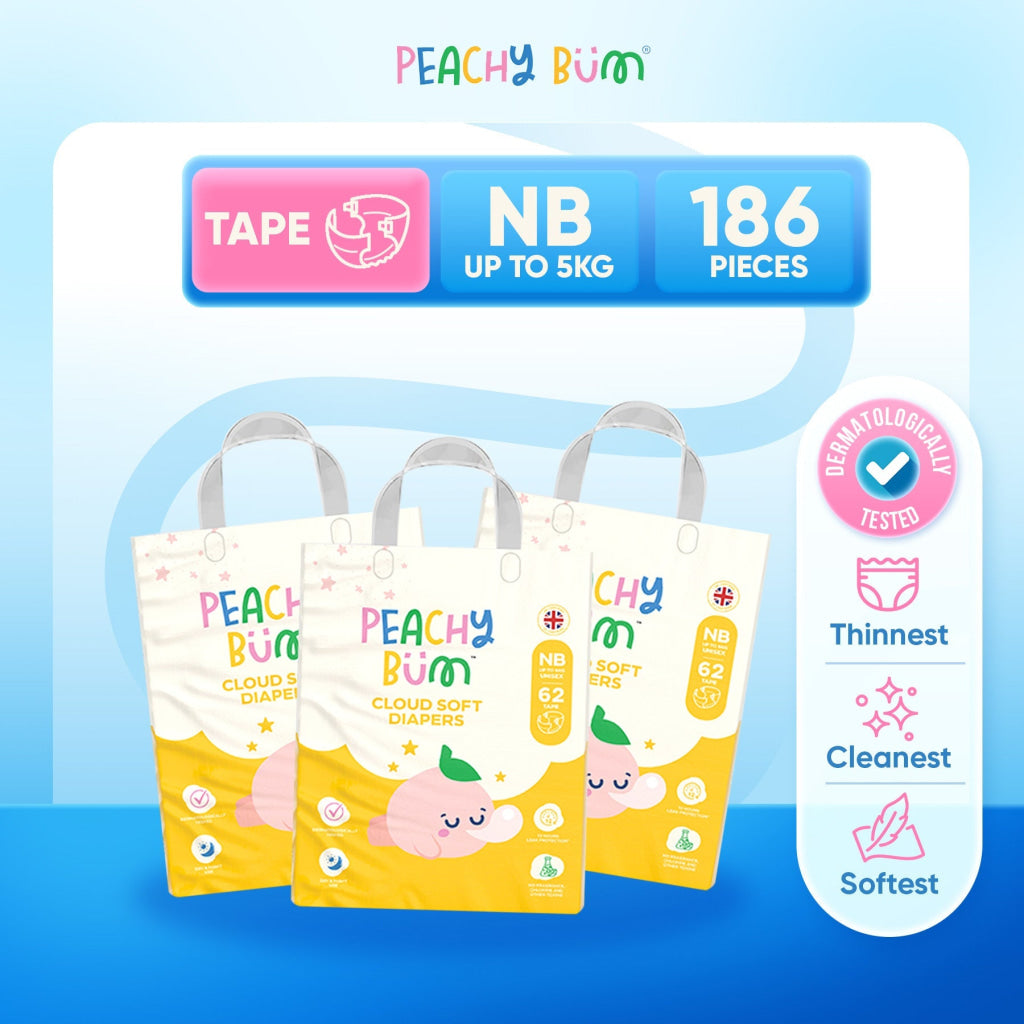 [1 Carton] 3 Pack Cloud Soft Diapers - Tape / NB (62 Pieces/Pack) - Bundle
