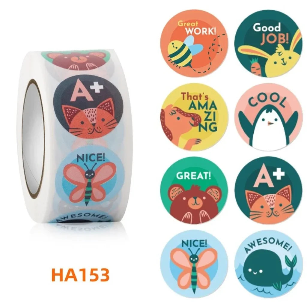 100-500 Pcs 1Inch/2.5Cm Animal Good Job Cool Stickers Roll