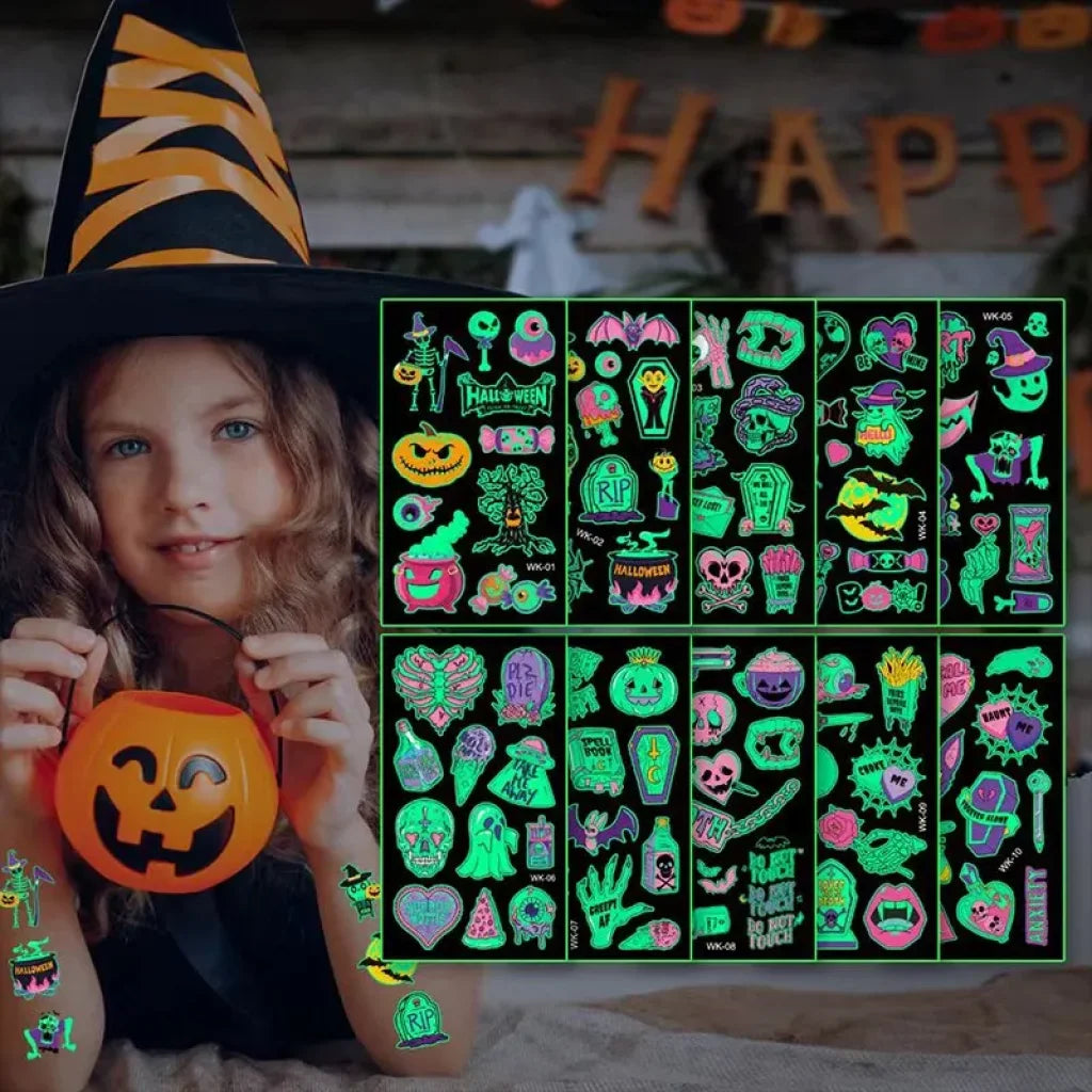 20 Sheets Night Glow Halloween Temporary Tattoos For Kids
