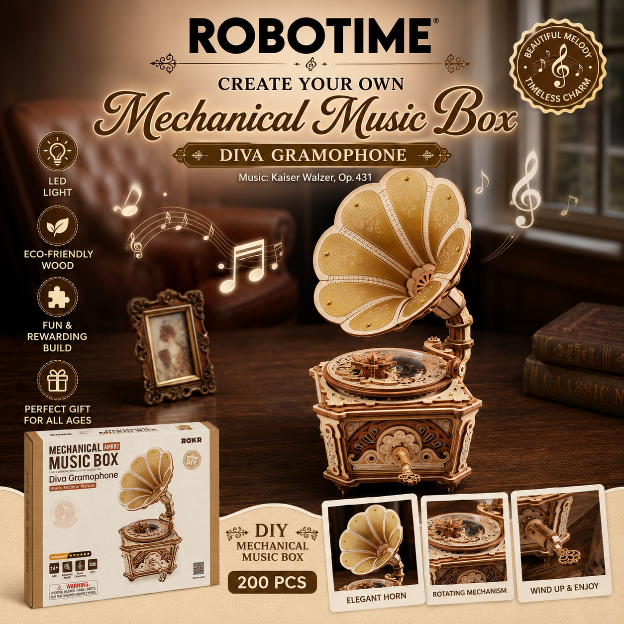 ROKR Diva Gramophone Music Box Wooden 3D Puzzle AMK82