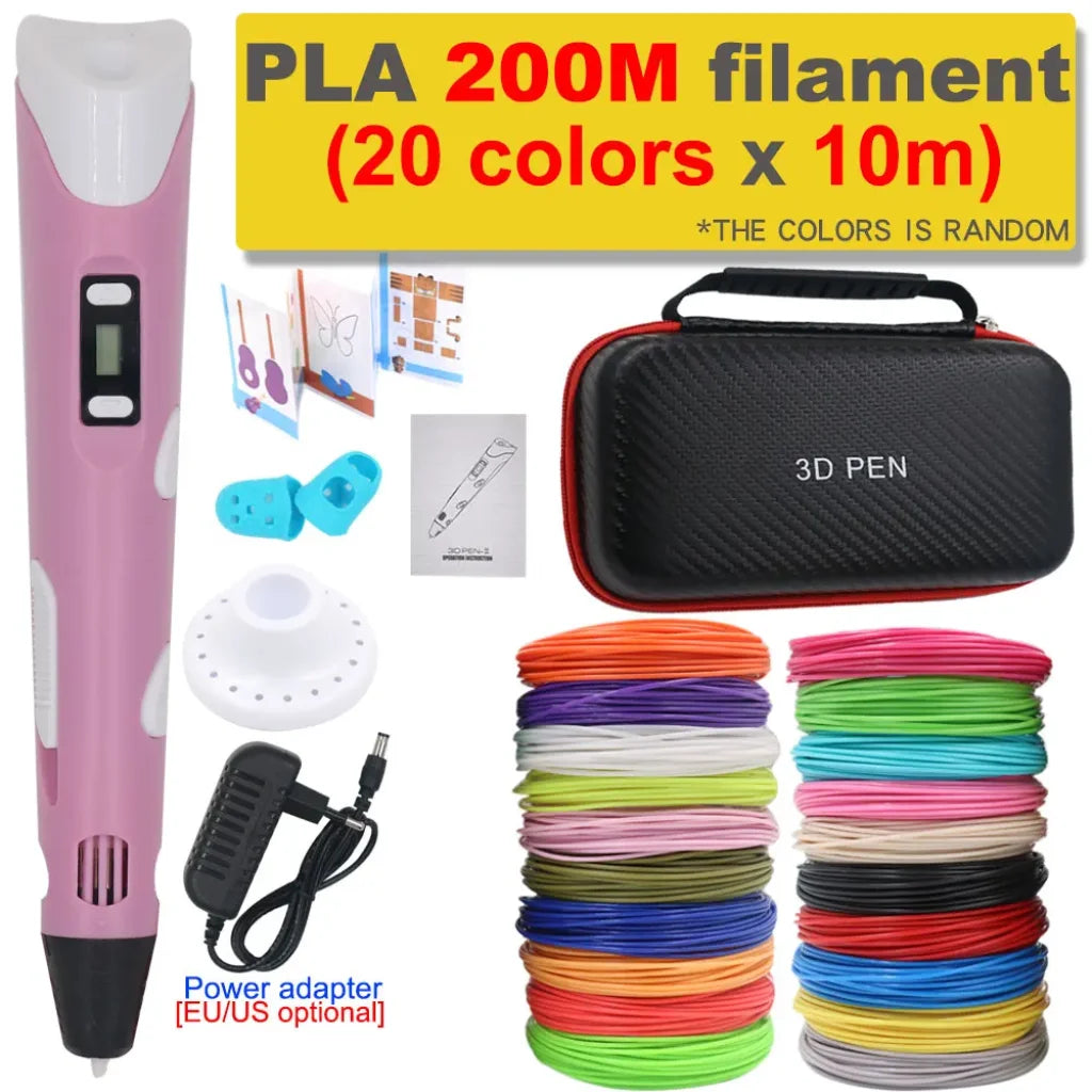 3D Printing Pen 200M PLA Filament - Pink with 200M PLA / US