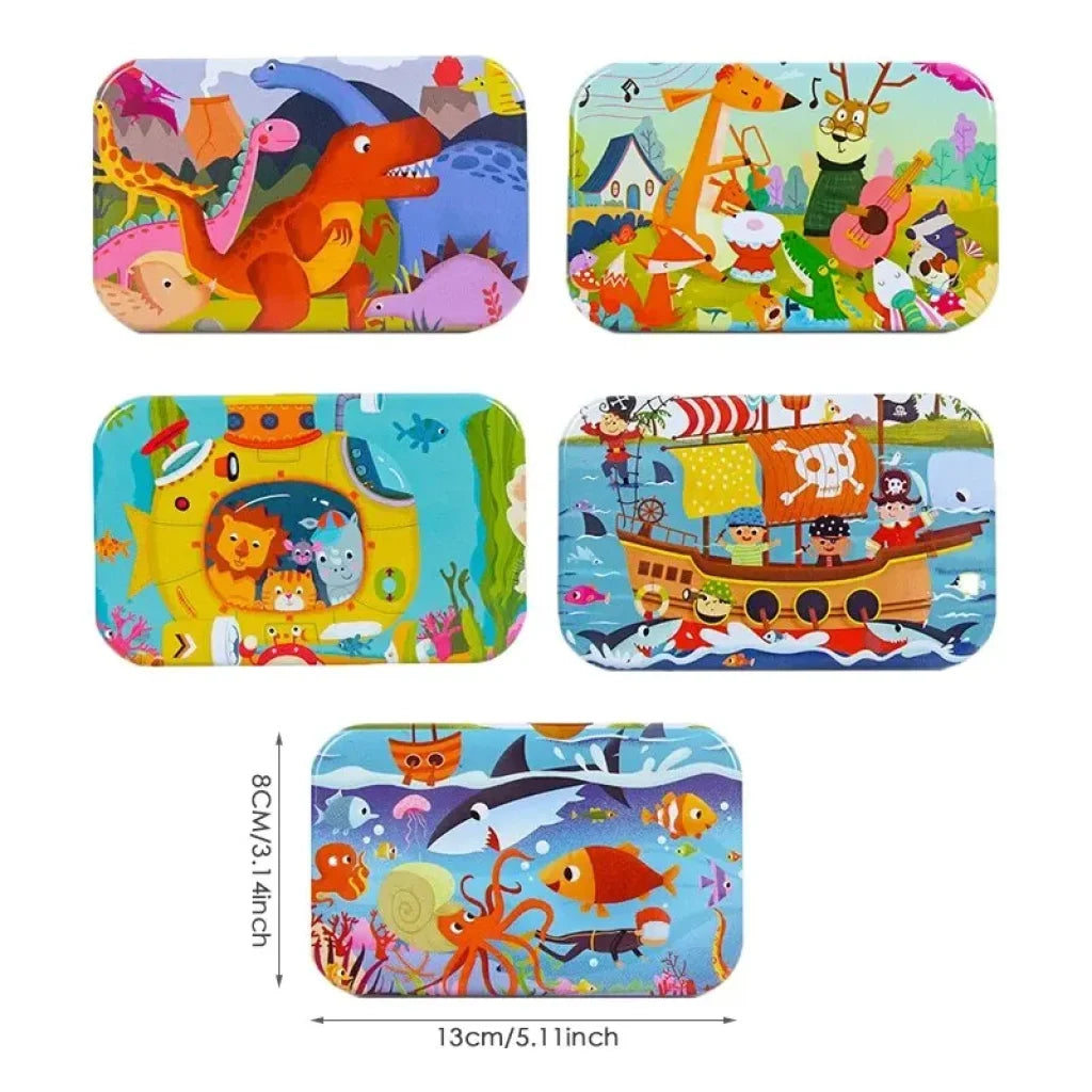 60Pcs Animal Wooden Jigsaw Iron Box Set