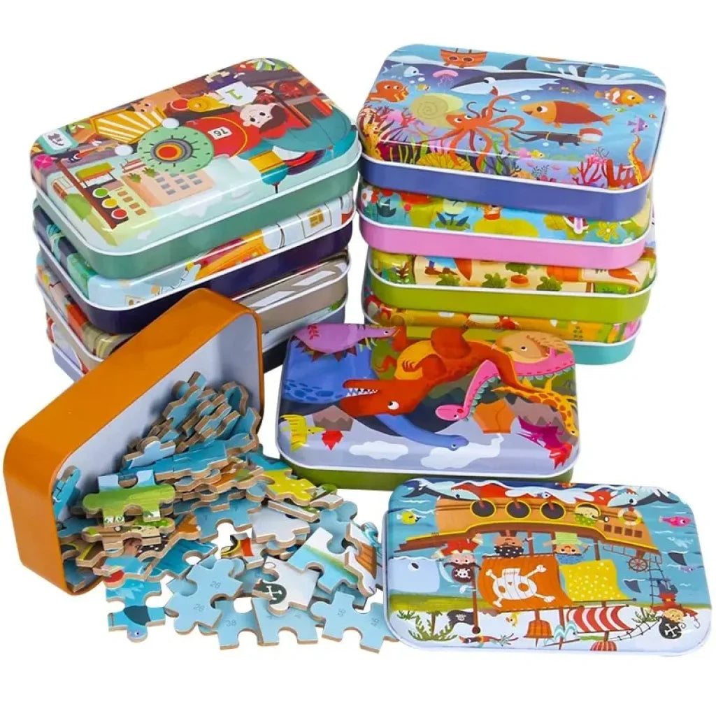 60Pcs Animal Wooden Jigsaw Iron Box Set