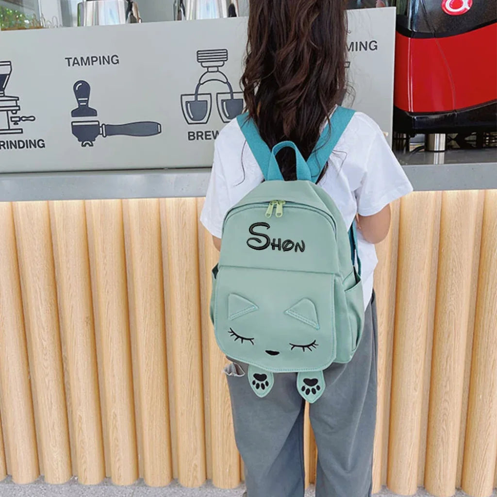 Custom Name Embroidery Cute Cat Children Backpack