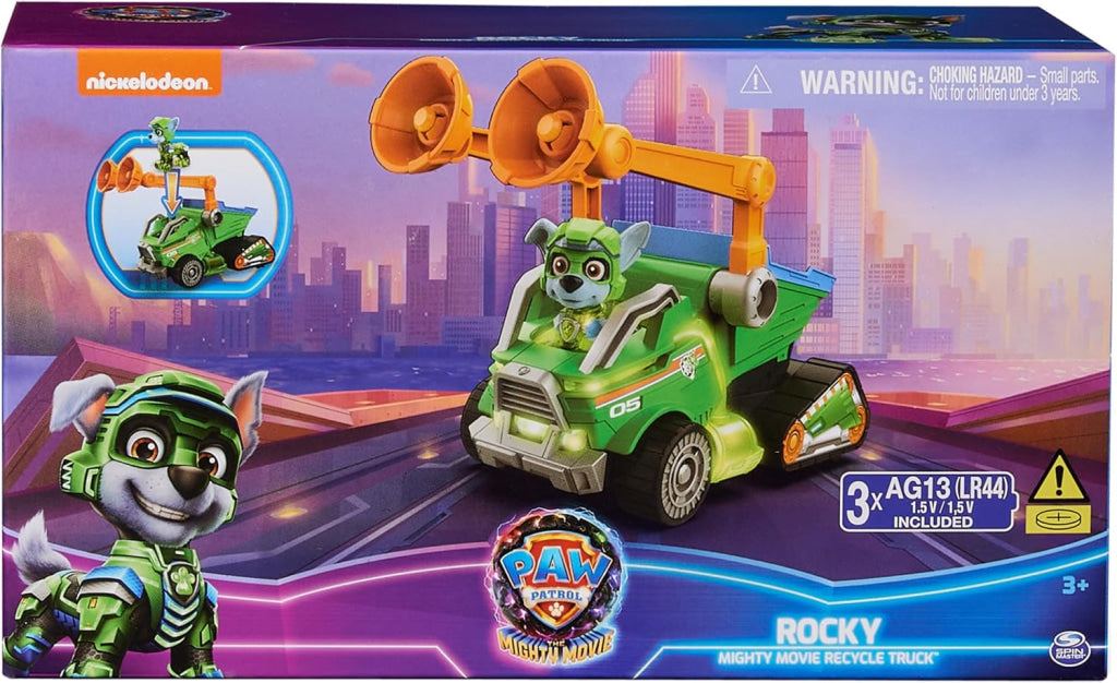 Paw Patrol Toy Garbage Truck Recycler With Rocky Mighty Pups Action Figure Lights And Sounds