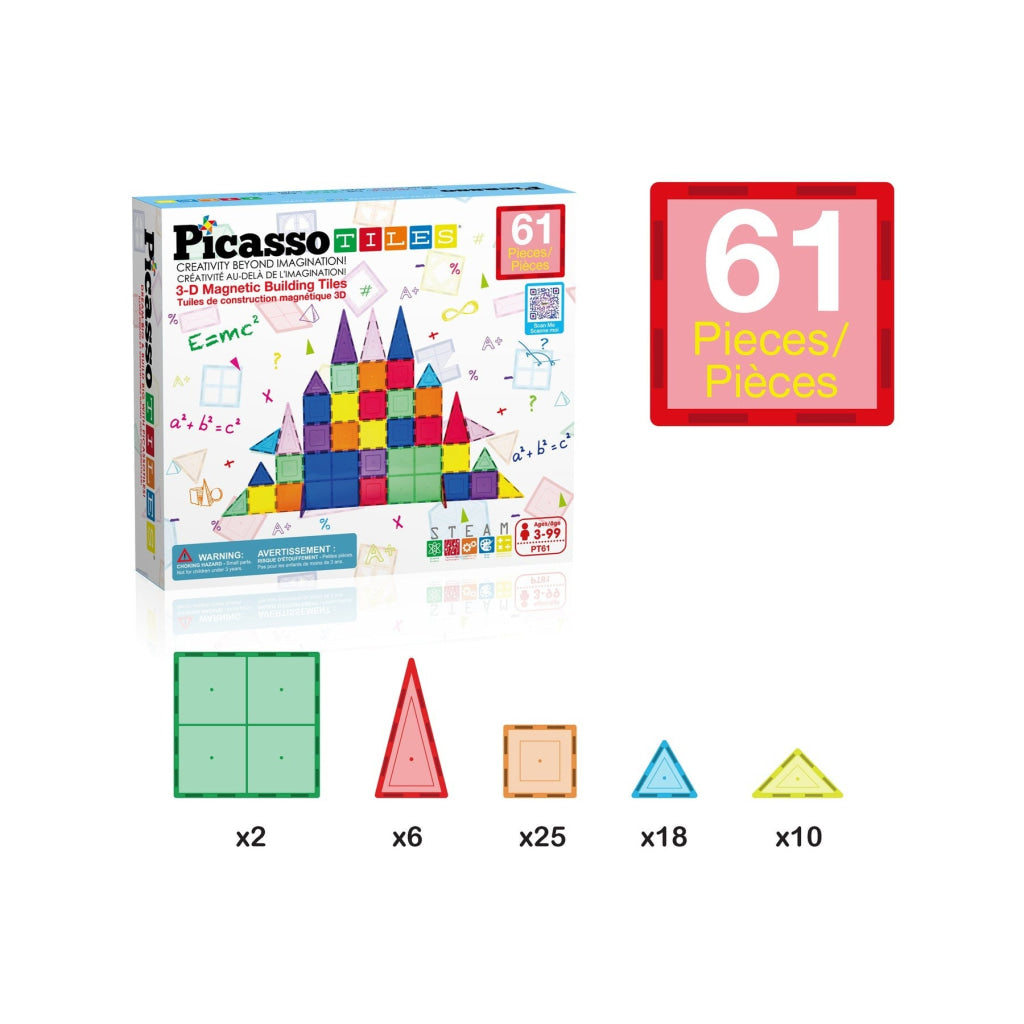 PicassoTiles Magnetic Tile Classic Building Set 61 Pieces - PICASSOTILES