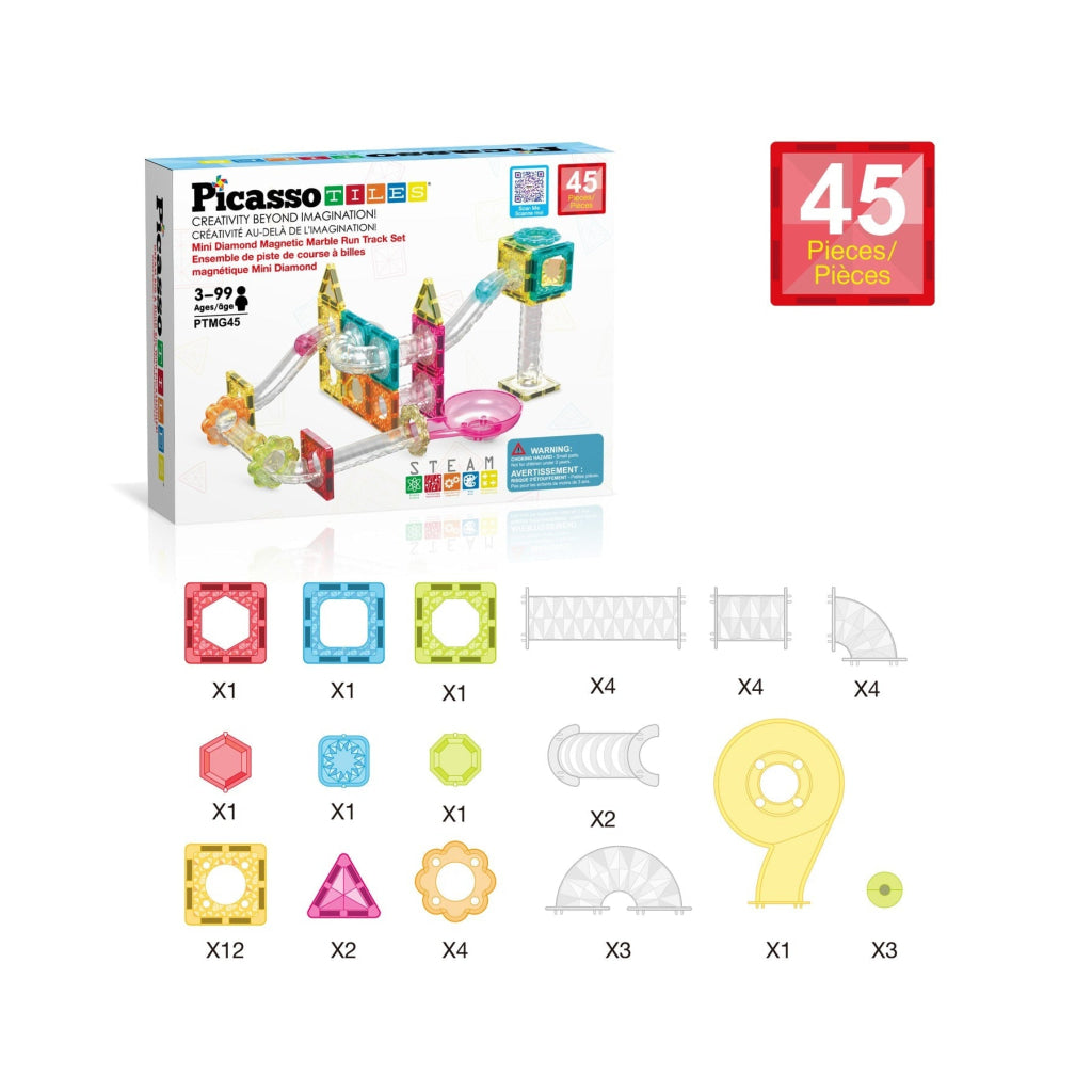 PicassoTiles Travel Size Magnetic Tile Marble Run Building Blocks Set 45 Pieces - PICASSOTILES