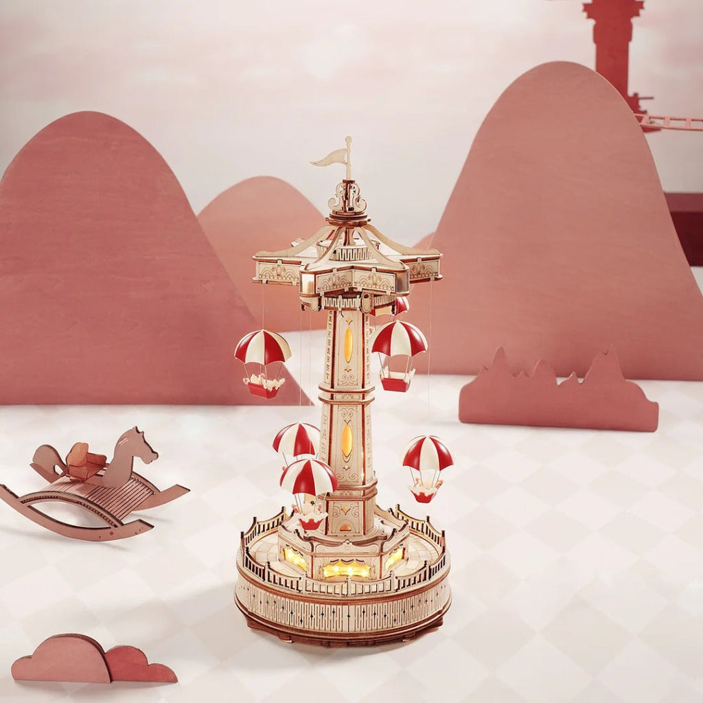 Robotime Rokr Parachute Tower Diy Music Box 3D Wooden Puzzle Ea01 Dropship