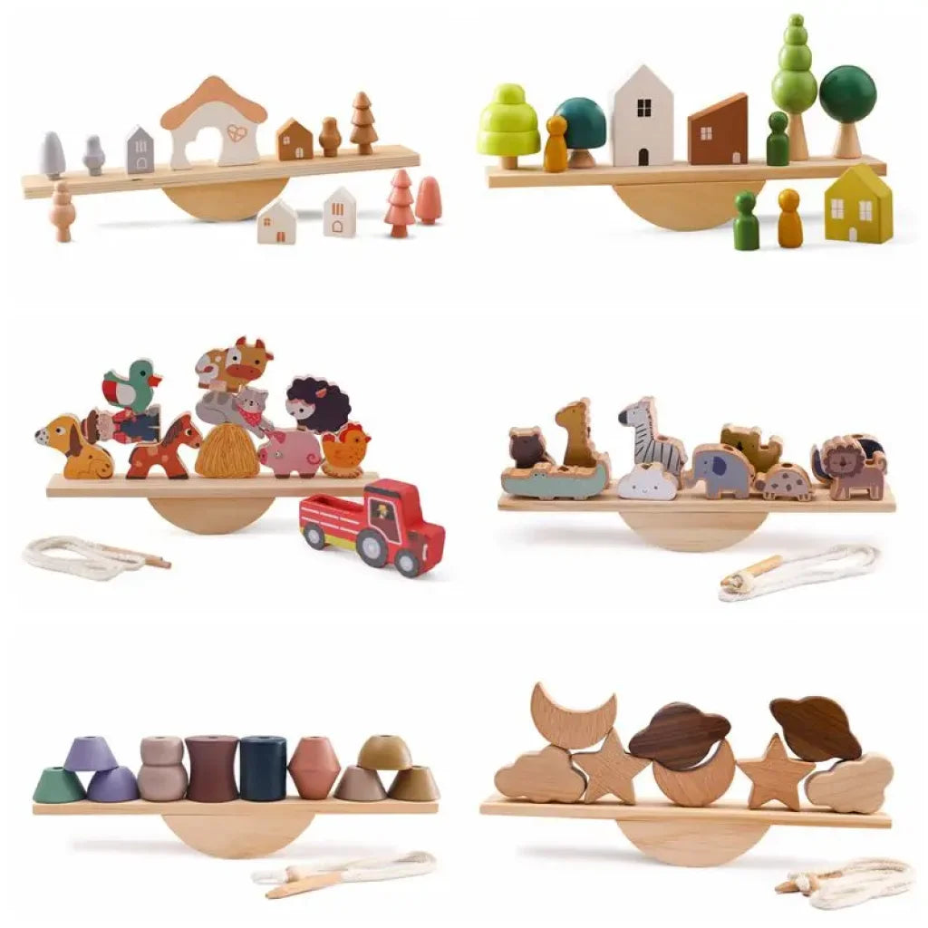 Wooden Baby Animal Balance Board Threading Stacking Toys